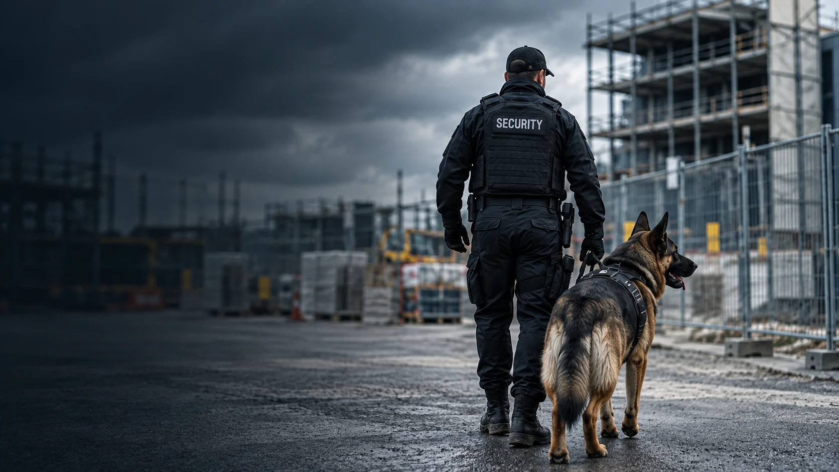 Security handler and German Shepherd at a construction site