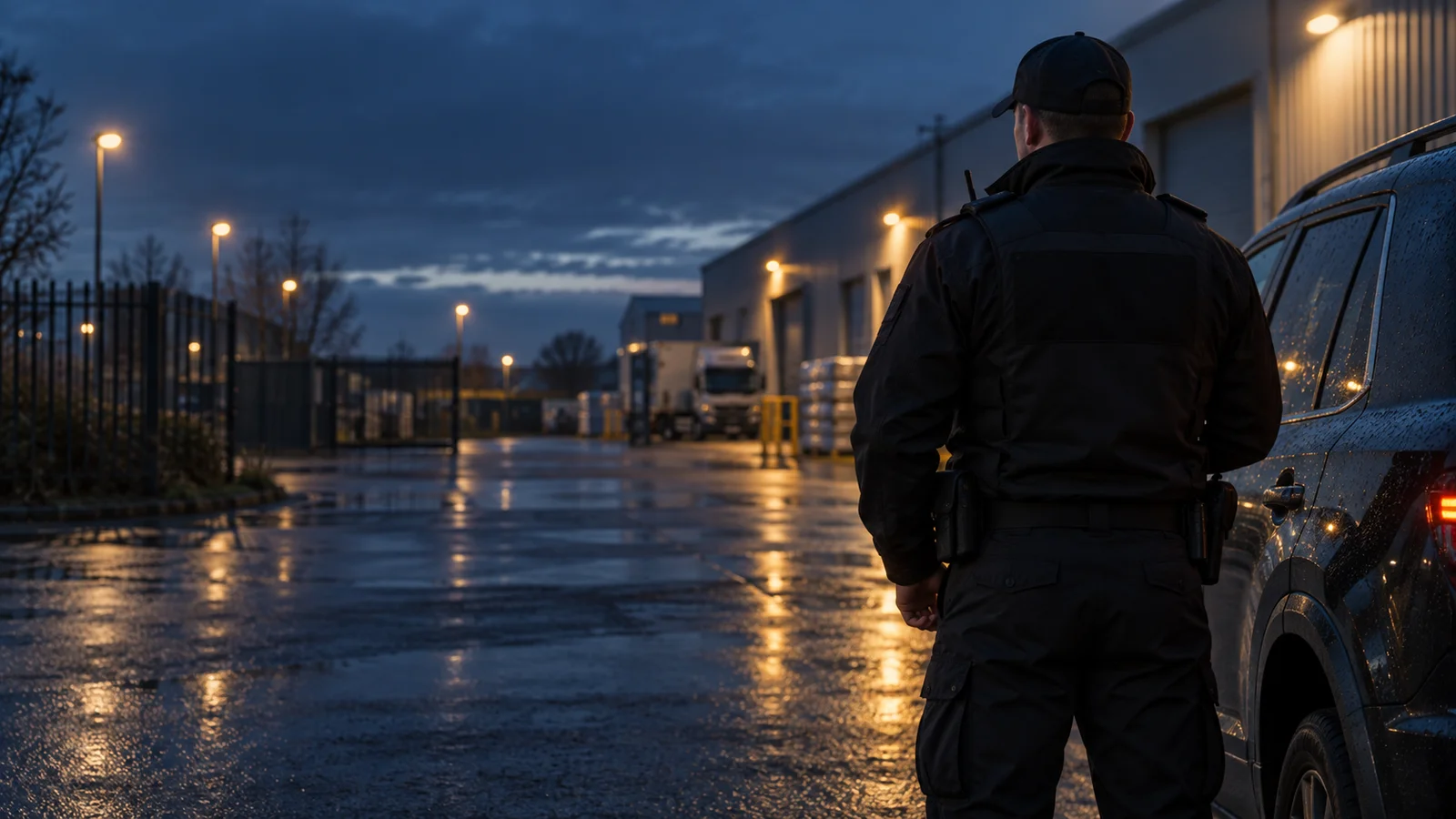 Security patrol at a commercial location after dark